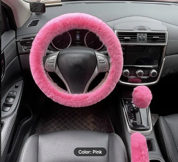 8 Pcs Pink Cute Car Accessories Set Includes Fluffy Steering Wheel
