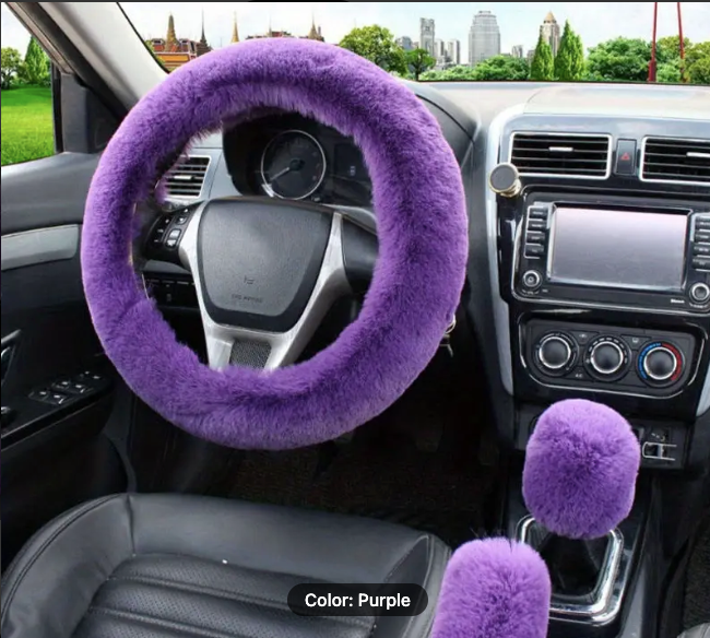 Purple Fluffy Car Accessory 3-Piece Set