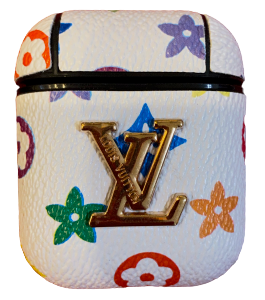 White Rainbow Flowers with Gold Monogram AirPods Case